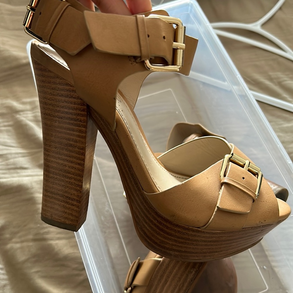 Also - tan wooden block heels - real leather